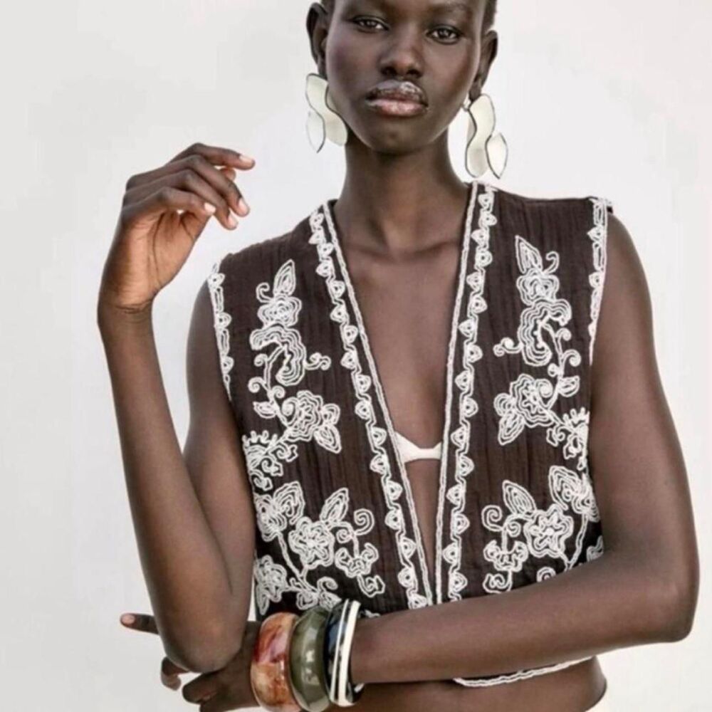 Zara Brown Embroidered Boho Cropped Vest XS 100% Cotton